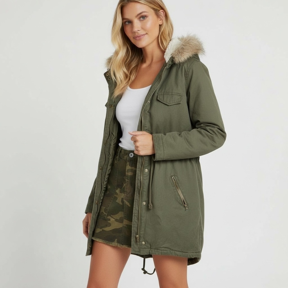 JUSTFAB | Fur Hooded Green Parka Long Jacket